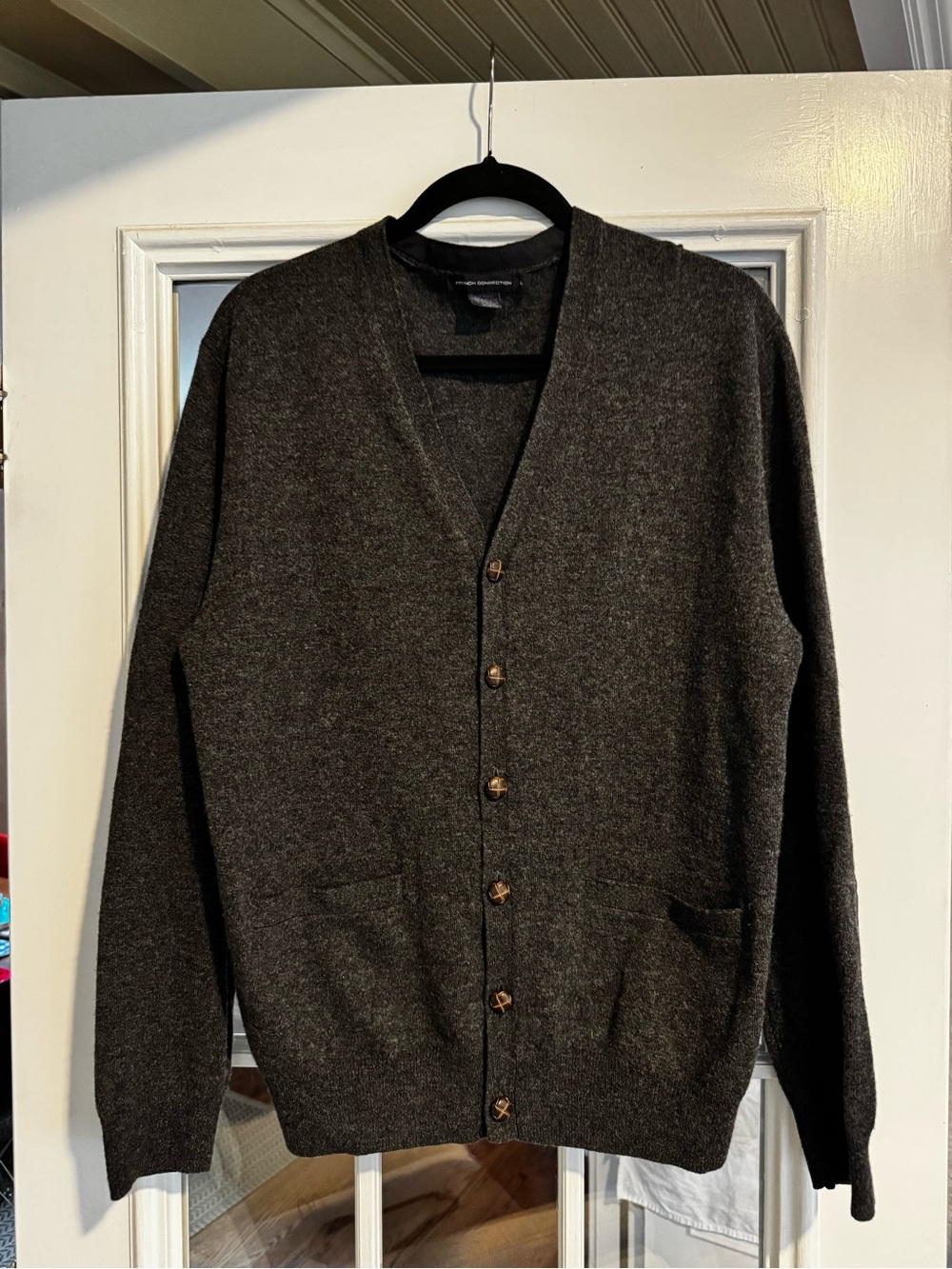 French Connection Men's Dark Charcoal Button-Up Cardigan